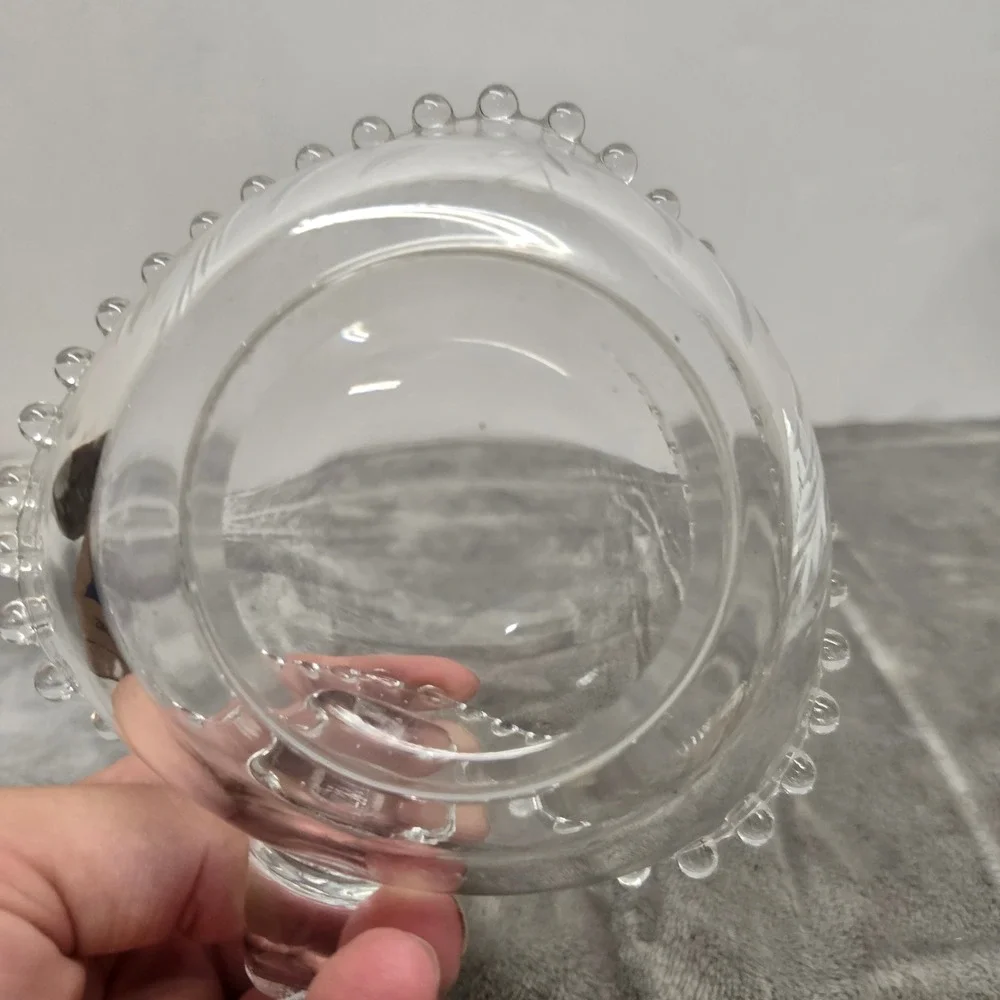 Vintage Imperial Glass Heart Shaped Nappy Bowl Beaded Rim Etched Floral  Handle